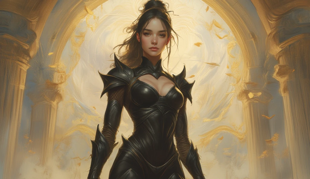 A masterpiece with great detail,1 female devil wearing black leather armor,There are black horns on the top of the head,The hair is brown,Both eyes were red,The profession is an assassin,Elongated smooth tail,Hold a dagger in both hands,The background is a mountain of gold coins and treasures。