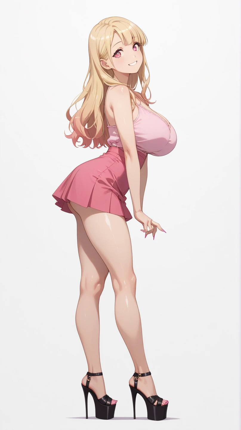 ((masterpiece, high resolution, better quality, better details)), ((Marin Kitagawa)), ((Smiling)), ((one girl)) a girl modeling standing, mini skirt, blouse, ((big neckline)), ((platform high heels)), pink eyes with black outline, (light blonde hair, straight hair, straight bangs, long hair)), long nails, pink nails, (((curvy body))), shiny skin, ((side view)), solo, bare shoulders, full body, focus full body, high heels, ((White background)),