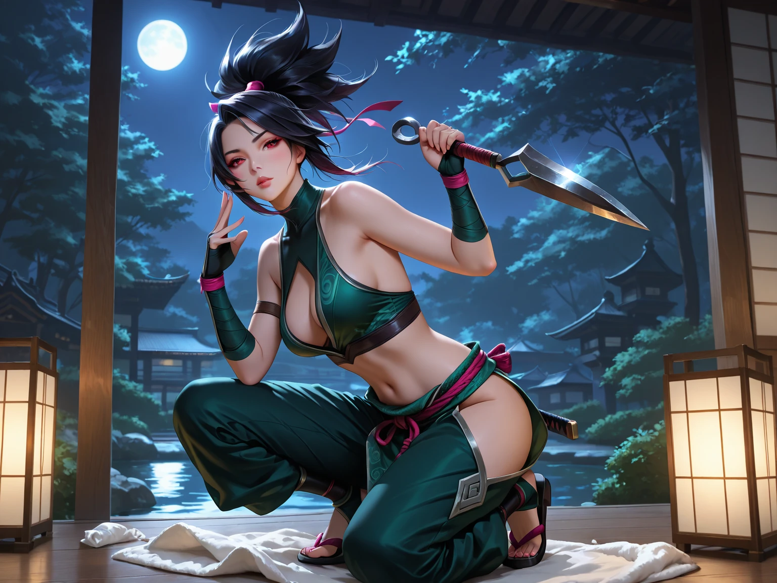 full body, of Princess Zelda as Shinobi, costume all black with gold stripes, she has large breasts, (short black hair), ((wearing Oni mask on her face)), cut scar over right eye, (green eyes), a katana attached to her waist, blood all over her clothes, she is in an ancient ninja Temple full of swords stuck in the ground, Anime, masterpiece, 16k, award winning, best quality, high details, UHD, masterpiece, anatomically correct