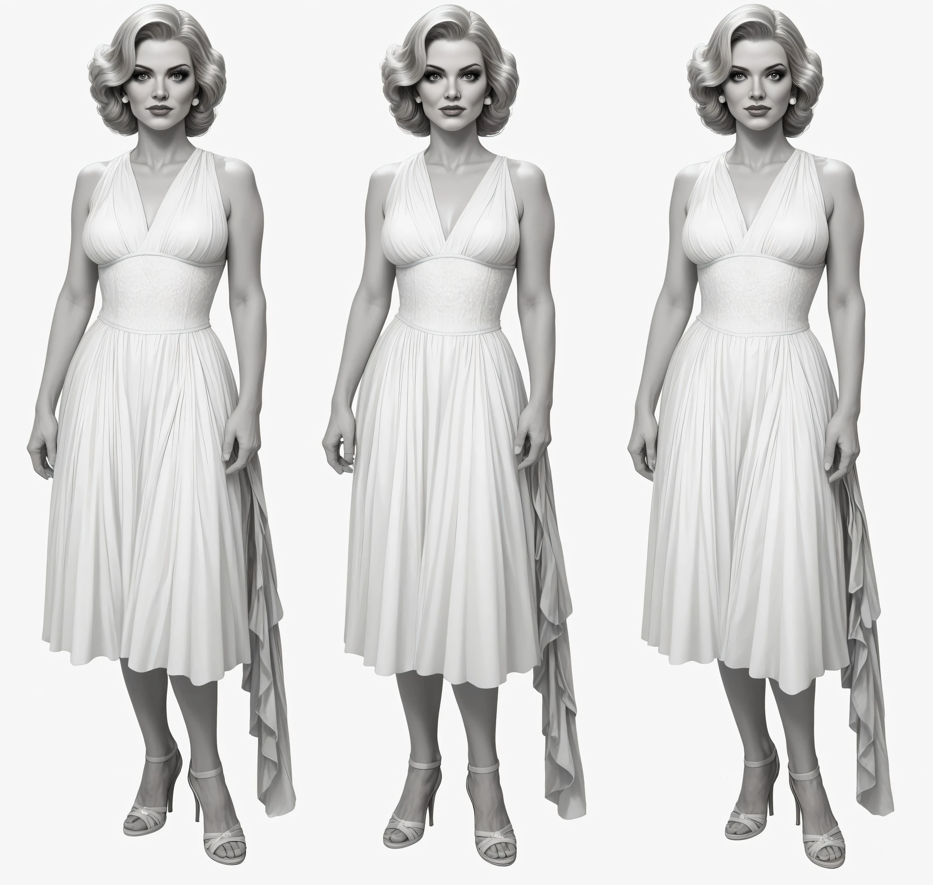 score_9, score_8_up, score_7_up, score 9, score 8, score 7, score 9, score 8, score 7, Marilyn Monroe, makeup of a slutty woman in the style of the 50s, hair color Marilyn Monroe, hairstyle Marilyn Monroe in the style of the 50s, perfectly beautiful female face Marilyn Monroe, large expressive female eyes, beautiful full female lips, long thick eyelashes, beautiful female face, a very beautiful female face, snow-white perfect porcelain skin, beautiful female breasts, beautiful elegant women's white dress in the style of the 50s, straight shoulders standing perfectly straight, with a straight back and perfect posture, beautiful women's high-heeled sandals facing the viewer, Realism, UHD, retina, masterpiece, accurate, anatomically correct, textured skin, super detail, high details, high quality, award winning, best quality, highres, 1080P