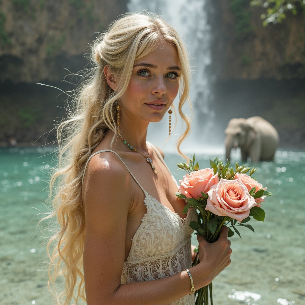 A beautiful red wood Forest waterfall, with a gorgeous blonde 38 years old, she is wearing a red flower in her hair, standing close to a waterfall, its a sunny day with wisps of white fluffy clouds in the sky, the forest has lots of yellow and red roses, she has blue eyes and a sensual smile, her skin is tanned, (photorealistic:1.4)(Ultra high resolution: 1.2), (reality: 1.2), (8K: 1.2), (detail, ultra high) like a scene from ancient times, Mystical, beautiful ambient lighting, intricate, realistic, studio quality, Captivating, Professional Studio Lighting, Expertly lit, The scene is filled with a sense of tranquility, magic, and natural beauty, transporting the viewer to a world of fantasy and wonder (best quality, high resolution)