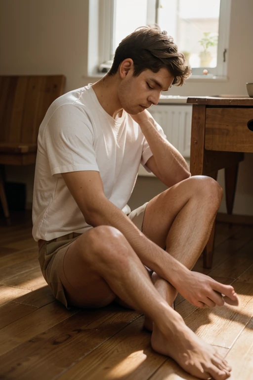 The image is a close-up of a pair of feet with freshly painted red toenails and a seductive pose,original,Club foot. Mid length hair. Pale. Crazy eyes. White man. Brown hair. Thin. , male
