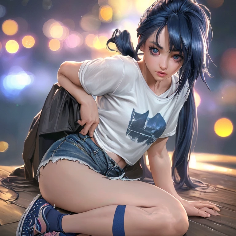 1 anime girl, pretty, inverted bob hair, dark blue hair, ponytail, smile, intricate detail, depth of field, cinematic lighting, backlighting, (masterpiece), (high details), award winning, high quality, best quality, 8k, crouching on a cube with a blue background, e-girl, cynthwave, japanese streetwear, fashwave, photo of breeze kaze, mid shot portrait, jpop clothing