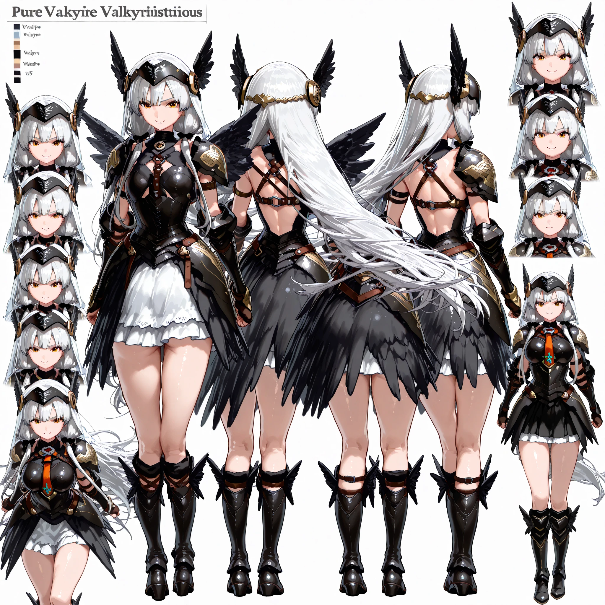 ((masterpiece, best quality, high resolution, extremely detailed CG, absurdres, highres)), detailed face, character sheet, High quality,Best quality,Ultra-detailed,high resolution,full of details, multiple poses and expressions, highly detailed, many parts,((three sided view, front view, side view, back view, full body,simple background, multiple views,highres)), concept art, character concept art, Full body, vivid color, 1girl, mecha girl, ((mecha_wings)), white armor, ((white outfit)), blue_eyes, mecha musume, white_hair, long_hair, headgear,  breasts,thighs, standing, dark digital background,Ultra details++ , add more details