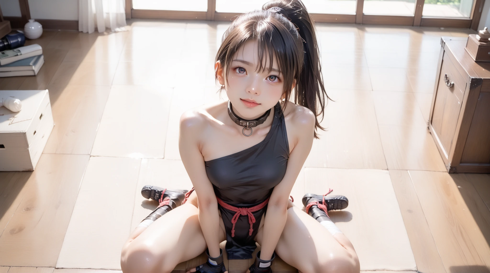 ((Highest quality)), ((masterpiece)), (detailed),nsfw,Perfect Face, she is flat ,10 years old, small girl, slim, Black Bob, ((Narrow eyes)), Japanese, forehead, ((Frightened expression)), (crying), ((Jail)), choker, ahegao, looking at viewer, looking up,((single eyelid)), (masturbation, leaning forward, front face, close up, kneeling), Pink nipples,Vulgarity, Obedience