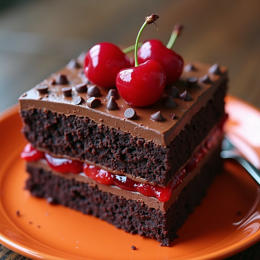 Slice of chocolate cherry cake, close-up, (delicious dessert:1.5),  (rich chocolate frosting:1.2),  (juicy cherries:1.2),  (chocolate chips:1.1),  layered dark chocolate cake,  (red cherry filling:1.2),  center of the image,  angled view,  (detailed texture of cake:1.2),  (photorealistic style:1.1), orange plate,  (sharp focus:1.3),  (saturated colors:1.1), rich deep chocolate tones, vibrant red cherries,  (glossy chocolate finish:1.1),  (delicious aroma:1.1),  fork partially visible,  (close-up view:1.1),  (high detail:1.1),  food photography,  (elegant composition:1.2)