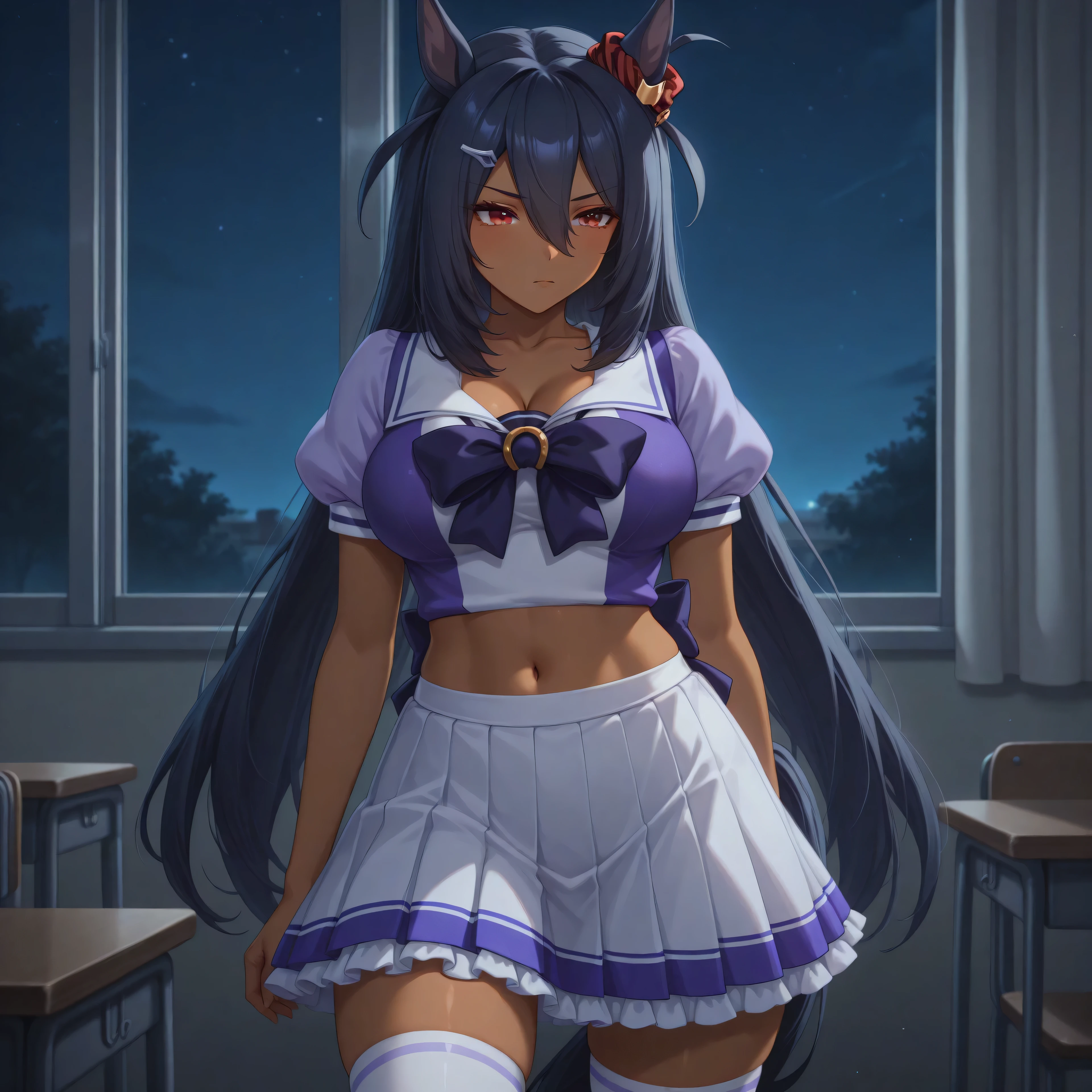 anime, lazypos, masterpiece, best quality, amazing quality, classroom, night, night time, 1girl, solo, hshdef, dark-skinned female, horse tail, black hair, hair between eyes, hairclip, animal ears, ear ornament, red scrunchie, red eyes, TracenShort, tracen school uniform, purple sailor shirt, white pleated skirt, white thighhighs, brown loafers, purple bow, puffy short sleeves, cleavage, navel, midriff,