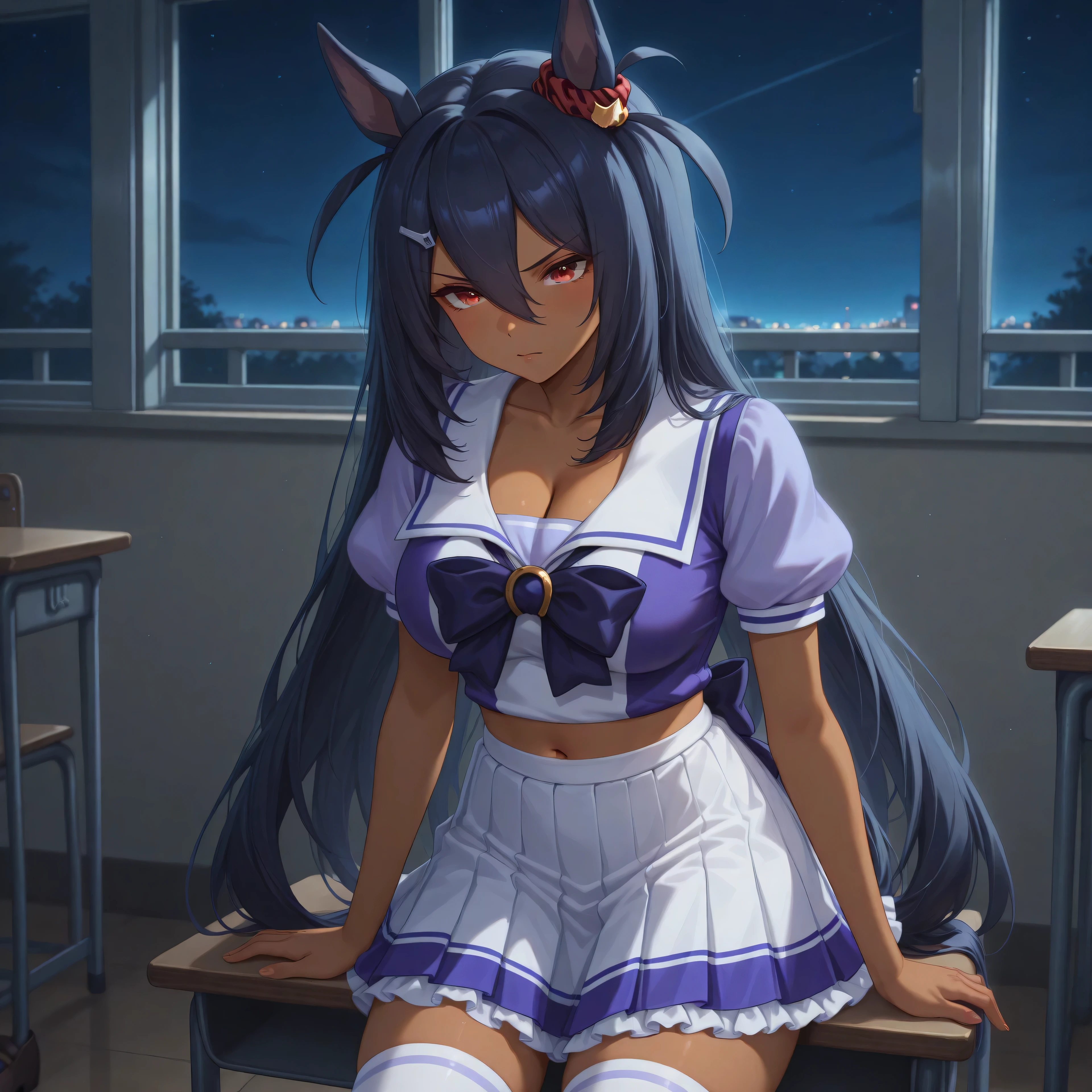 anime, lazypos, masterpiece, best quality, amazing quality, classroom, night, night time, 1girl, solo, hshdef, dark-skinned female, horse tail, black hair, hair between eyes, hairclip, animal ears, ear ornament, red scrunchie, red eyes, TracenShort, tracen school uniform, purple sailor shirt, white pleated skirt, white thighhighs, brown loafers, purple bow, puffy short sleeves, cleavage, navel, midriff,