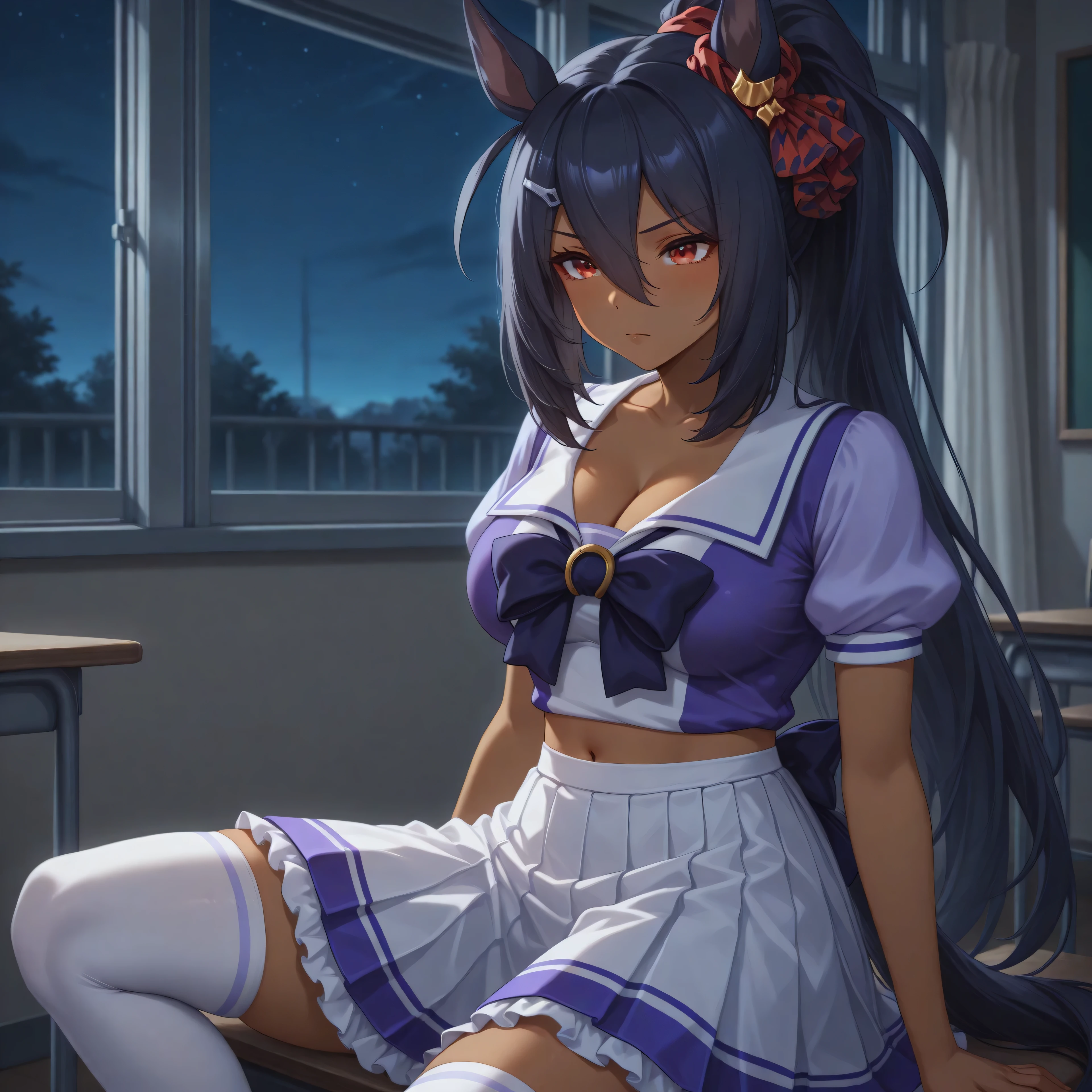 anime, lazypos, masterpiece, best quality, amazing quality, classroom, night, night time, 1girl, solo, hshdef, dark-skinned female, horse tail, black hair, hair between eyes, hairclip, animal ears, ear ornament, red scrunchie, red eyes, TracenShort, tracen school uniform, purple sailor shirt, white pleated skirt, white thighhighs, brown loafers, purple bow, puffy short sleeves, cleavage, navel, midriff,