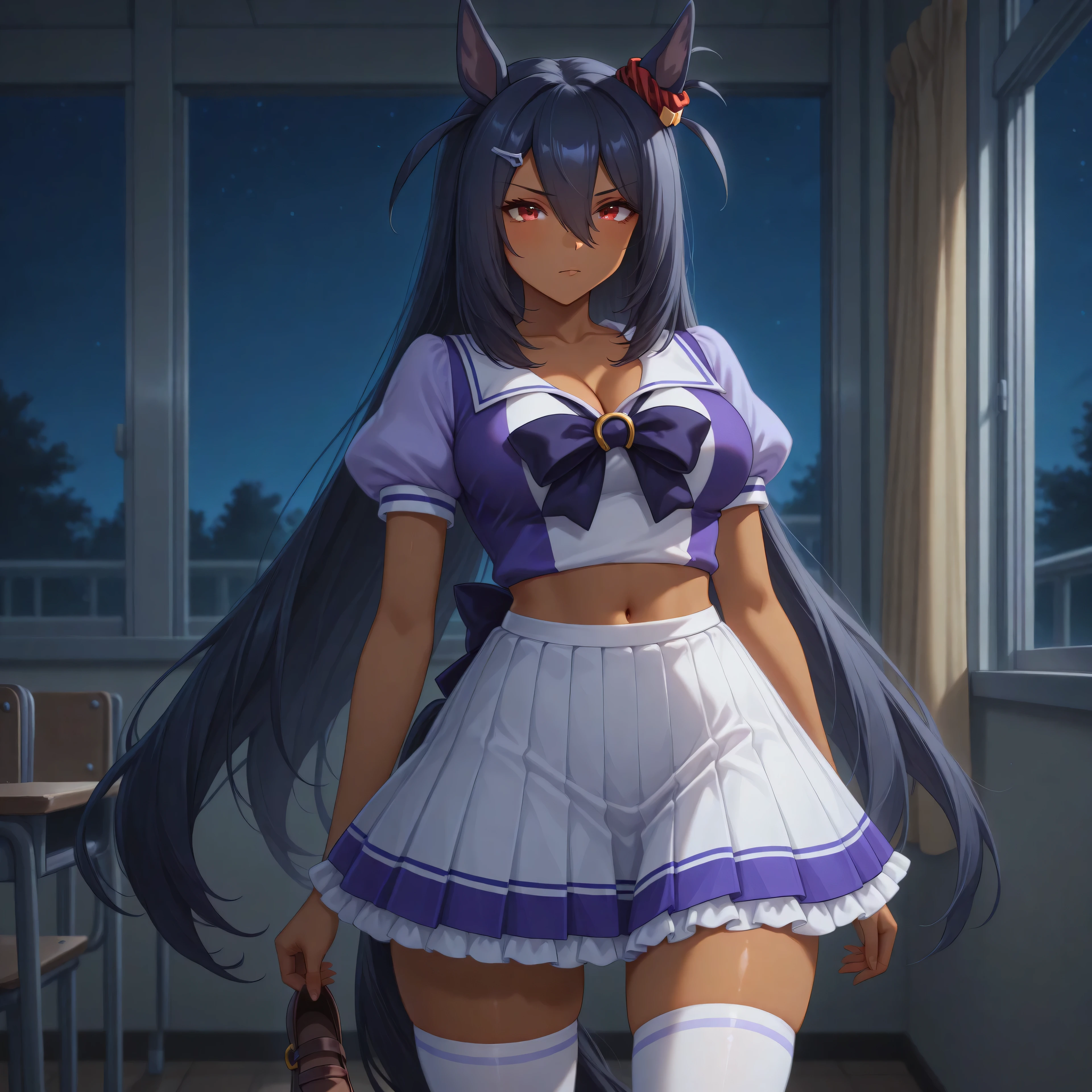 anime, lazypos, masterpiece, best quality, amazing quality, classroom, night, night time, 1girl, solo, hshdef, dark-skinned female, horse tail, black hair, hair between eyes, hairclip, animal ears, ear ornament, red scrunchie, red eyes, TracenShort, tracen school uniform, purple sailor shirt, white pleated skirt, white thighhighs, brown loafers, purple bow, puffy short sleeves, cleavage, navel, midriff,