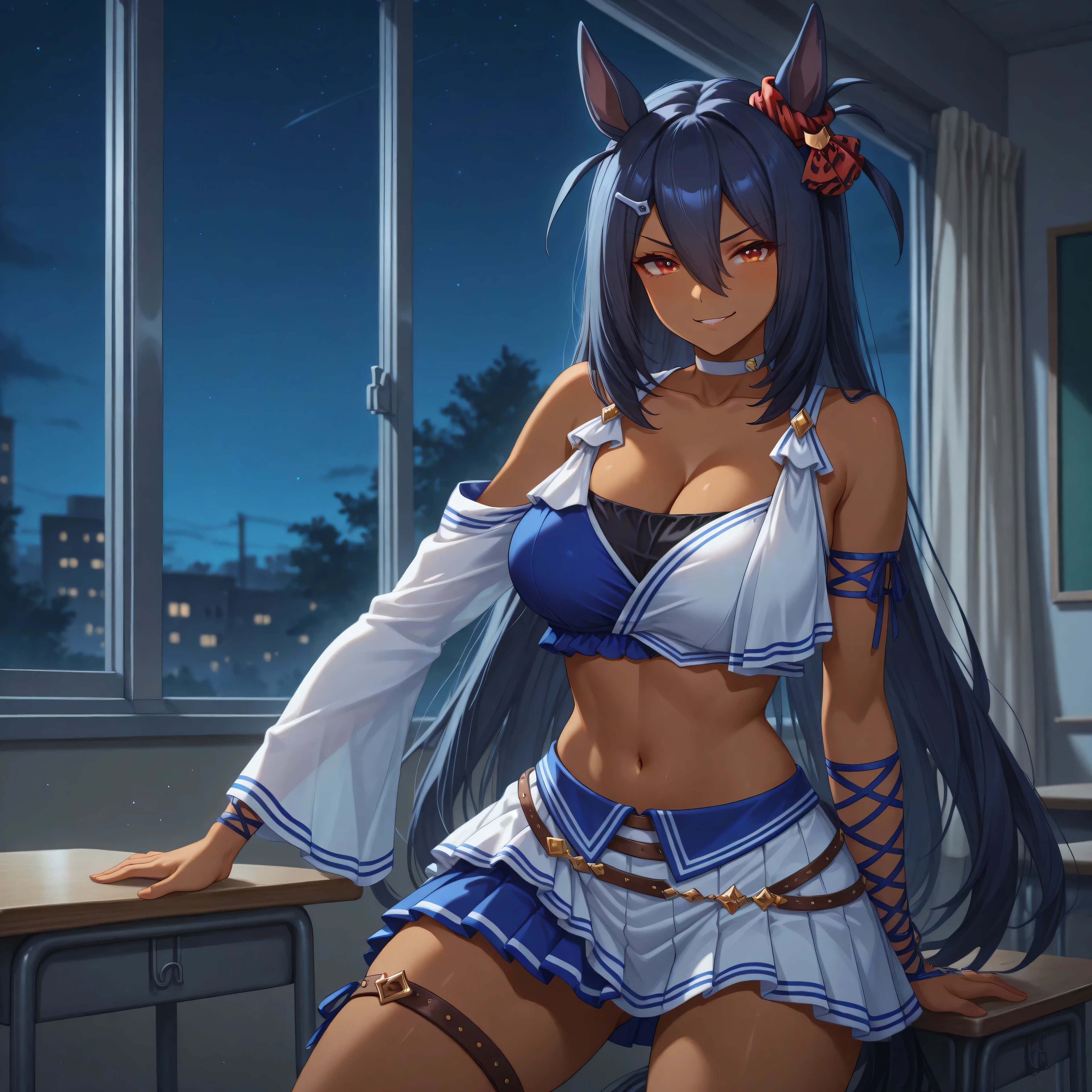 anime, lazypos, masterpiece, best quality, amazing quality, classroom, night, night time, 1girl, solo, hshdef, dark-skinned female, horse tail, black hair, hair between eyes, hairclip, animal ears, ear ornament, red scrunchie, red eyes, two-tone shirt, blue shirt, white shirt, crop top, white sleeves, single detached sleeve, arm ribbon, blue ribbon, two-tone skirt, white skirt, blue skirt, pleated skirt, miniskirt, brown belt, thigh strap, leg ribbon, white choker, collarbone, midriff, navel, cleavage, smirking,