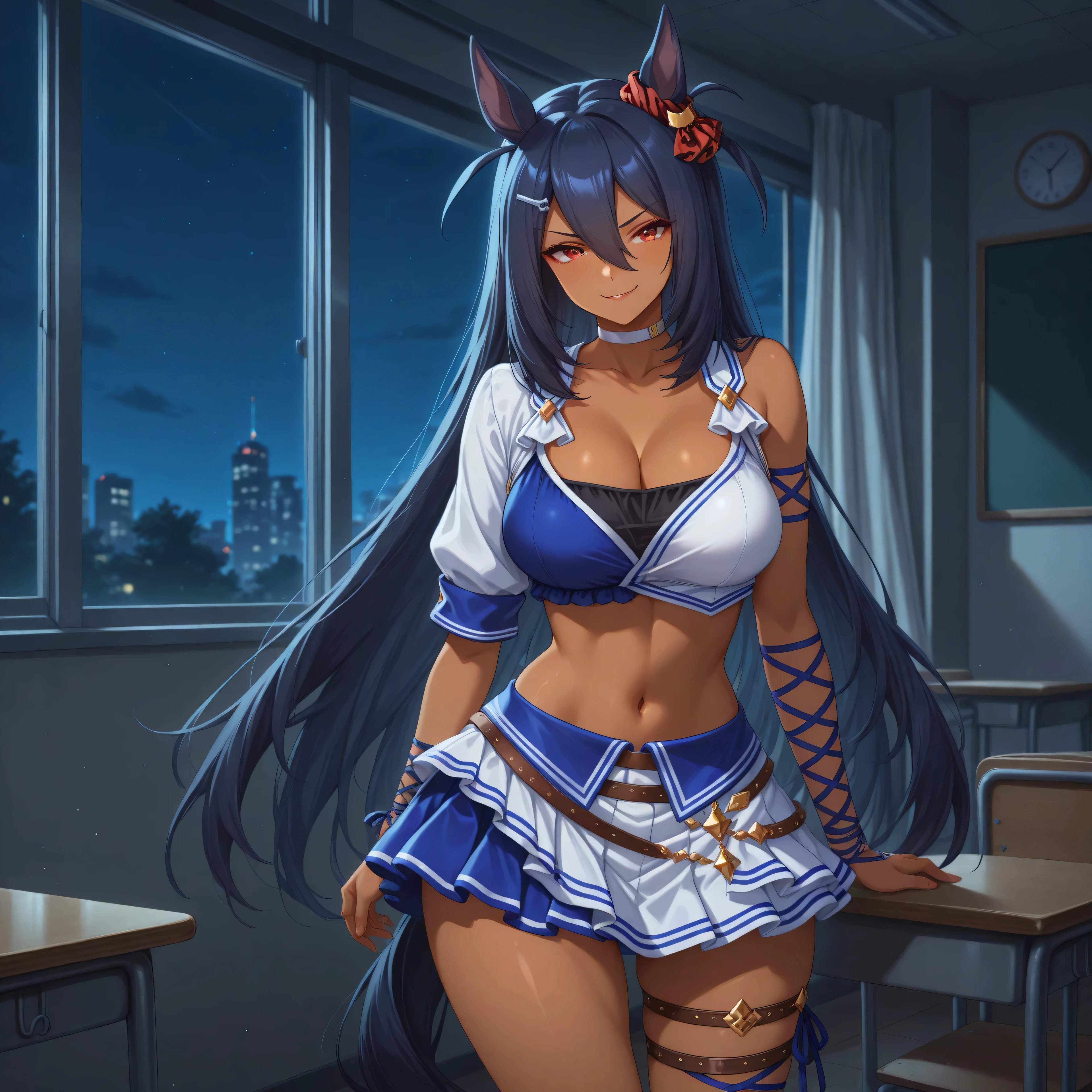 anime, lazypos, masterpiece, best quality, amazing quality, classroom, night, night time, 1girl, solo, hshdef, dark-skinned female, horse tail, black hair, hair between eyes, hairclip, animal ears, ear ornament, red scrunchie, red eyes, two-tone shirt, blue shirt, white shirt, crop top, white sleeves, single detached sleeve, arm ribbon, blue ribbon, two-tone skirt, white skirt, blue skirt, pleated skirt, miniskirt, brown belt, thigh strap, leg ribbon, white choker, collarbone, midriff, navel, cleavage, smirking,