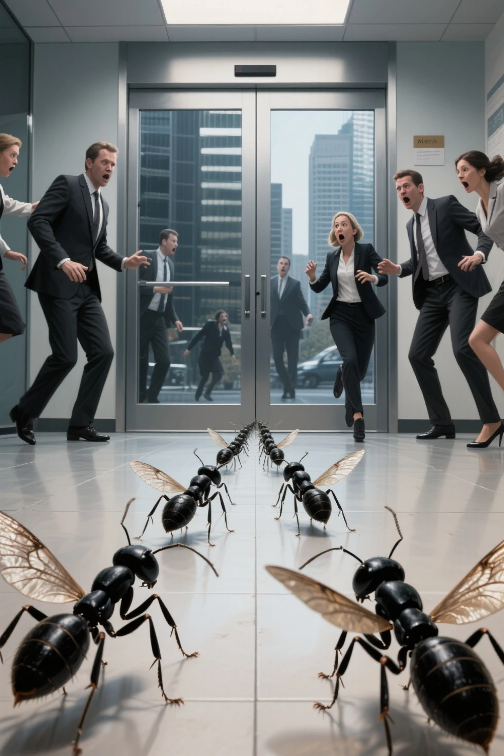 (best quality,8k,highres, masterpiece:1.2).(realistic:1.3),ultra-detailed, HDR, UHD, studio lighting, ultra-fine painting, sharp focus, physically-based rendering, extreme detail description, professional, portraits, concept artists, dramatic lighting,In the business district office, a line of ants with wings is walking towards the automatic doors on the floor, all are black ants, while business people are surprised and avoiding them.