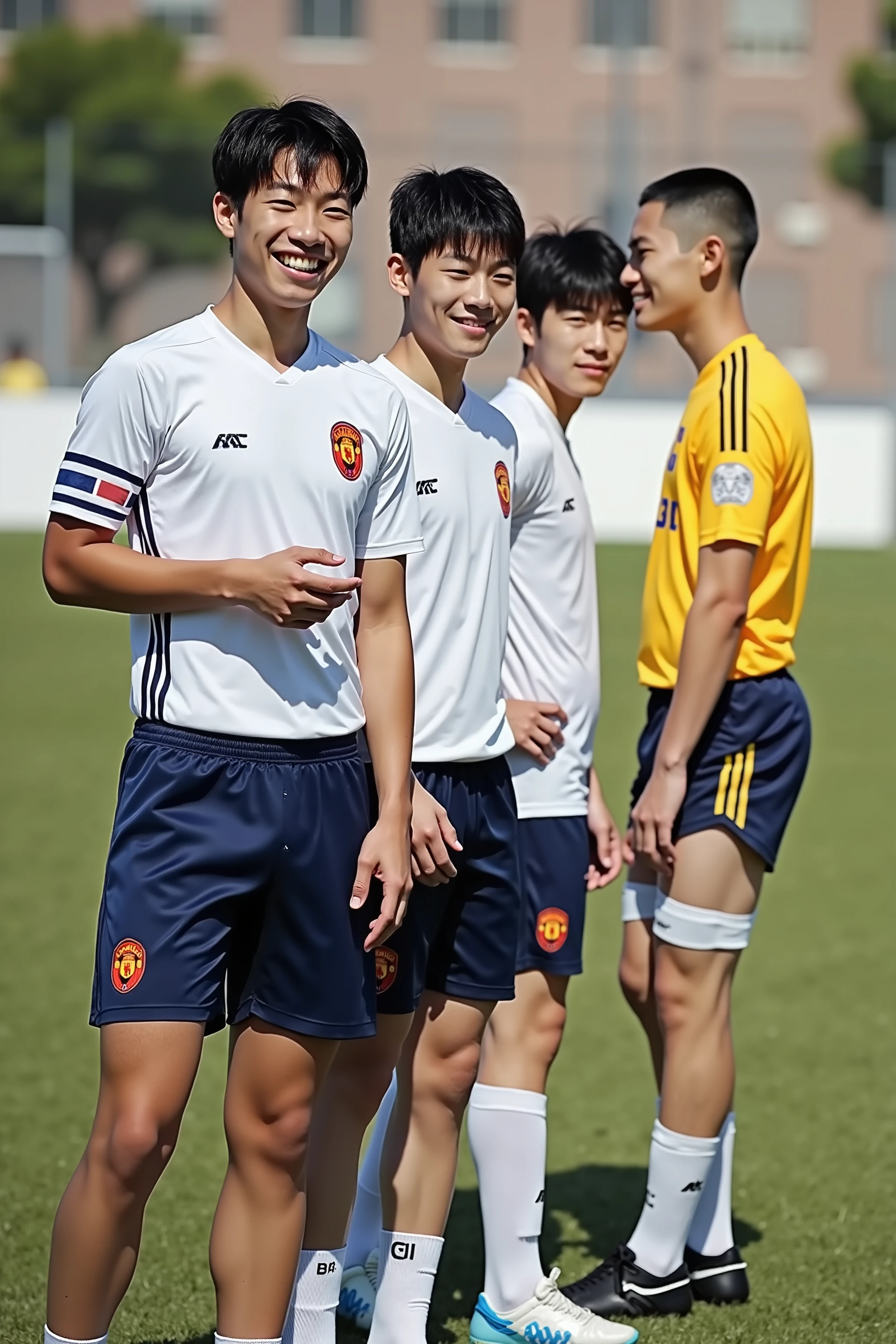 Several Asian male soccer players are in a circle kicking a ball. One person in the middle is wearing only a pair of brown underwear and looks worried. The others are laughing happily.
