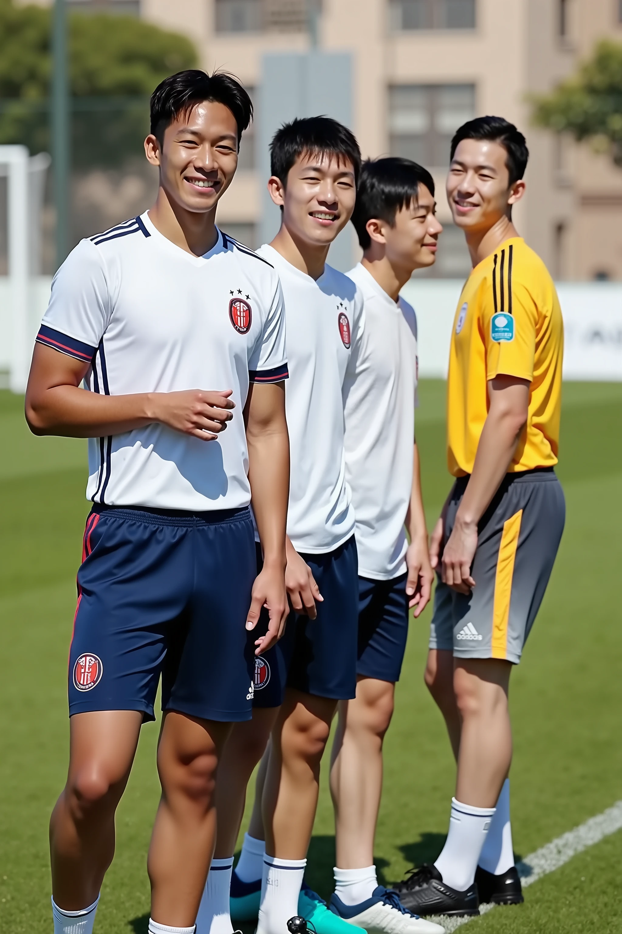 young, boy,all nationality are japanese, soccer player, handsome japanese boys, standing on the soccercourt, boy group, 4 people, a sunny and handsome boy，about 22 years old， short hair，Full body photo composition，solid color background，8k， HD, soccer uniform, AC milan, manchester united, Soccer court, , thick muscular thighs, very cutting edge atmosphere, talking, messy hair, short hair, see veins on arms, Interlock Running Shorts, This is made to give better looking and more diverse men. under wear is もっこり、 ultra big dicks, different faces, but all boys have growing bulge, tanned skin