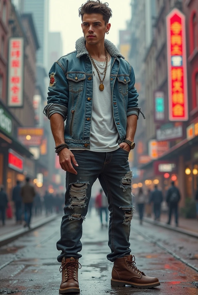 Cyberpunk handsome boy mascular body change background ultra realistic face ultra realistic body 8k