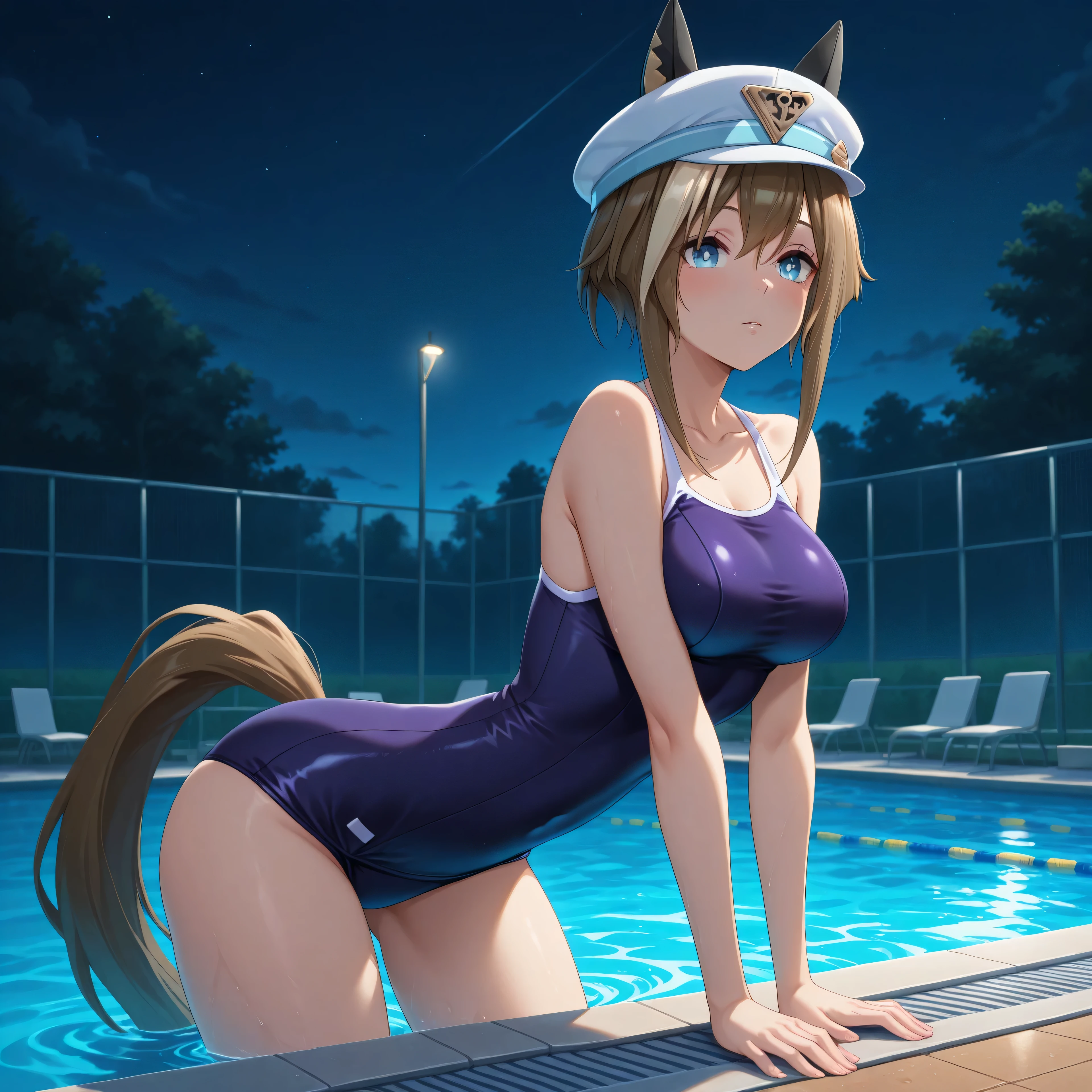 anime, lazypos, masterpiece, best quality, amazing quality, college pool, night, night time, 1girl, solo, cheval grand \(umamusume\), horse ears, horse tail, tracen school swimsuit,