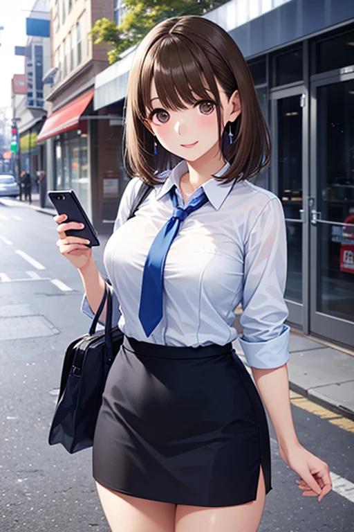 1girl solo, blazer, pleated skirt, brunette, ponytail, bowtie, thighhighs, standing, skindentation, embarassed, elbow bag, looking at viewer, holding phone. <lora:ama_mitsuki-000007:1>