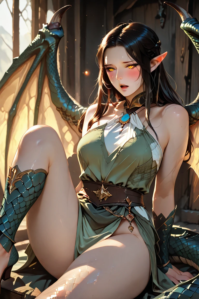 Elf ears, Elezen, female, have a dragon scales, light-armer, have a dragon wings, with beautiful legs, have a dark energy, dark hair, long eyelashes, blush, open mouth, , sit, gaze, golden eyes like a cat 