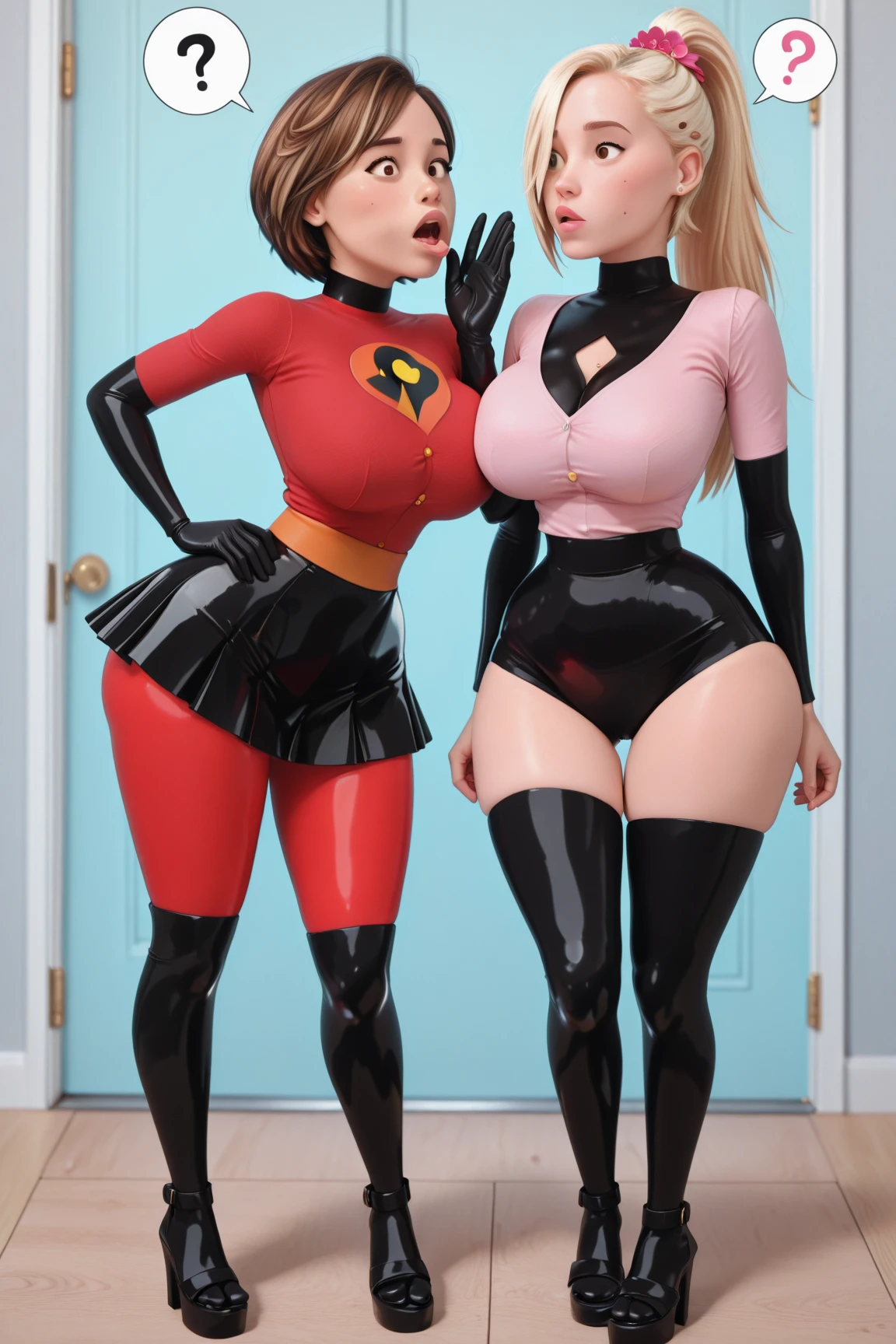 full bodyesbian,Three beauties,Stand in a row,One-piece tights,Conjoinment,Blue latex set,Standing on the ground,huge tit,Slim,long leges,Stand up straight,nothing background,Slim,extra long leg,Exhibited,Mannequin,