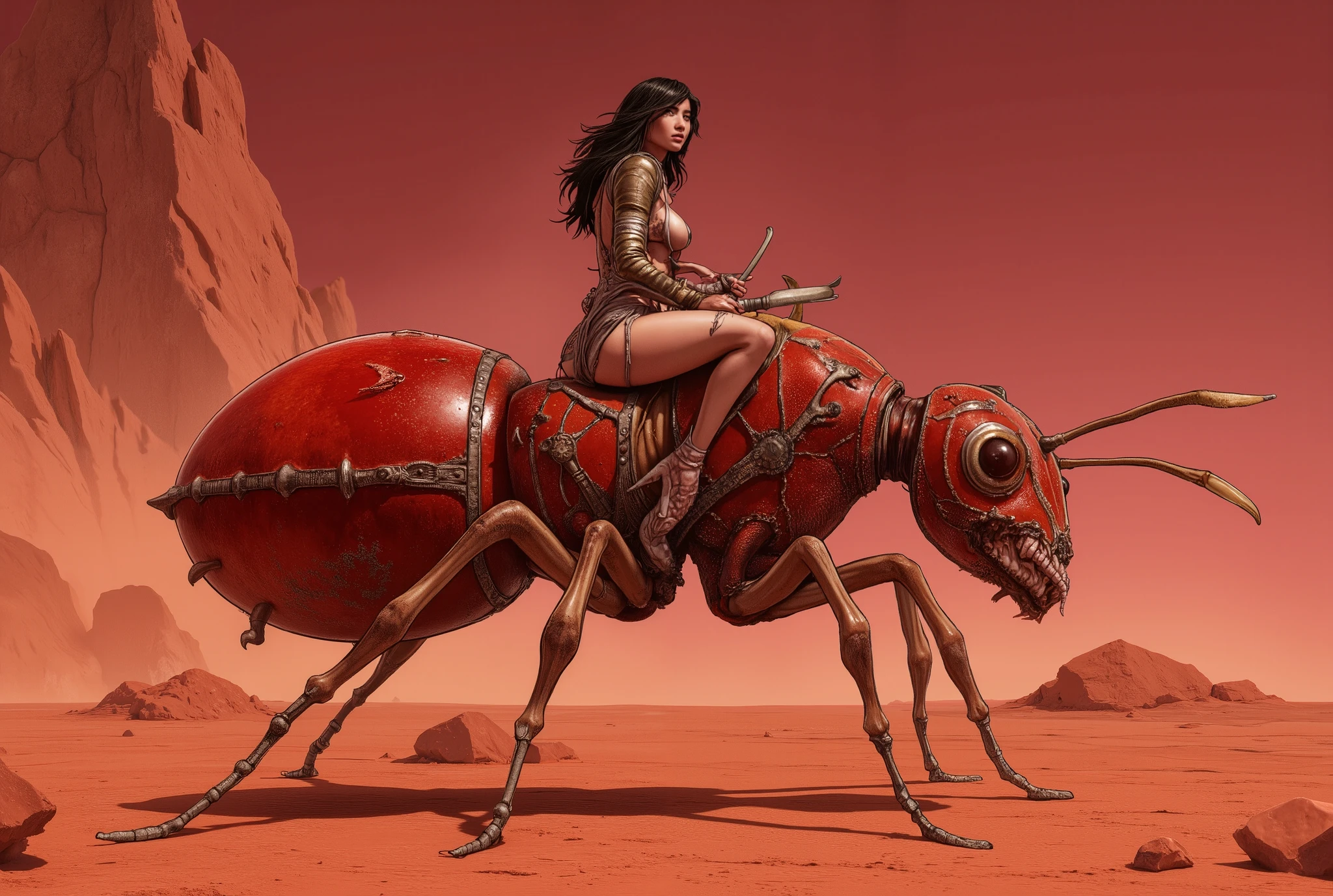 paolo eleuteri serpieri style, drawing,RS,female warrior riding a gigantic red ant in the sands of the Martian desert