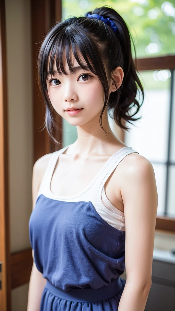 seductive smile, masterpiece, mieruko, miko yotsuya, wearing black tanktop, armpits, armpits visible, dark blue hair, yellow eyes