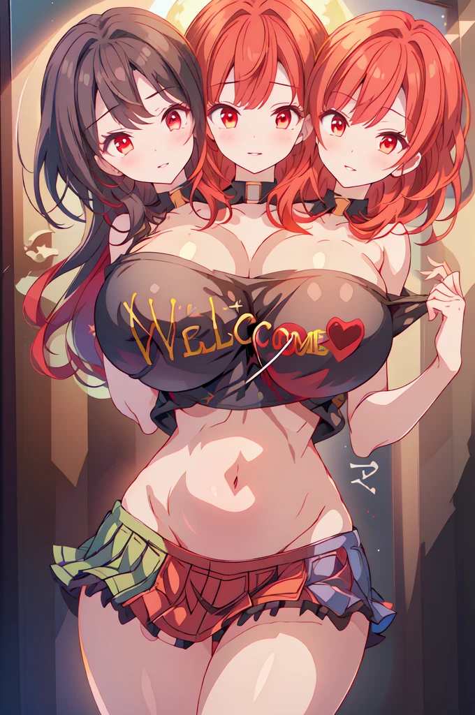 (masterpiece, best quality), best quality, (ultra-detailed), (3heads:1.5), 1girl, (kagerou imaizumi:1.3), masterpiece, ultra quality, ultra resolution, ultra detail, best quality, red, white, and black hash-patterned top, crop top, ((stomach)), midriff, ((groin)), red, white, and black hash-patterned skirt, frilled skirt, miniskirt, normal ears, shackles, hip-length dark auburn hair, very long hair, wavy hair, sidelocks, red eyes, parted lips, open belly, sweat, cute, toned belly, hand on own chest, eyelashes, (25 year old woman:1.3), (masterpiece:1.5), (best quality:1.5), (beautiful detailed extremely detailed CG, extremely delicate and beautiful, depth of field, (finely detailed face), (perfect details:1.3), (mature female:1.3), wide pelvis, slender, large veiny breast, 16k resolution, highres, high quality, high definition, extremely detailed, masterpiece, hip-length dark auburn hair, long hair, alluring presence, twin braid, short skirt, close up, very big tits, huge tits, young, wolf ears, nsfw, open belly,