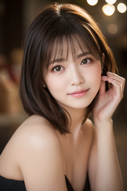 (Has an erotic look:1.5)、(Her breasts are in full view:1.5)、Nipples are visible、(RAW Photos), (Realistic), (masterpiece), (highest quality), High resolution, 8K resolution, (Intricate details), (Volumetric Light), Portraiture, woman,, short hair, Straight hair, Layered Hair, Brown haired, Highly detailed eyes, Source order, Very thin eyebrows, Highly detailed skin, Highly detailed mouth, Highly detailed nose, Cute like an idol, smile, ((Thick lips)), ((Look at the viewers)), (Elegant blouse)、Cleavage、Cleavage、The color of the clothes is up to you、