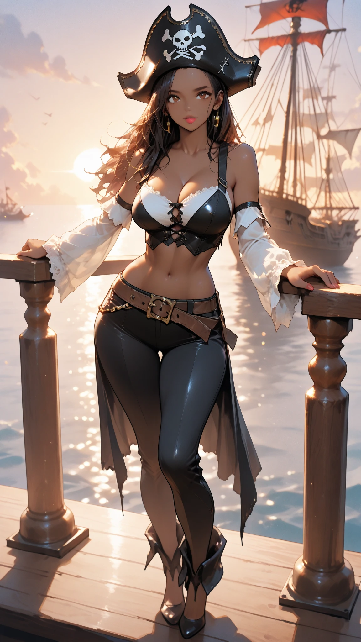 (masterpiece), best quality, expressive eyes, perfect face, front lighting, (standing on pirate ship at sea background), (posing), (seductive look), (cleavage view), (1girl, Nico Robin, milf, latina, dark skin, short black hair with bangs, straight flat hairstyle, brown eyes, hourglass figure, thick body, curvy body, large breasts, huge breasts, oppai, large cleavage, wide hips, thick thighs), (white button frill blouse, long sleeve, croptop, exposed collarbone, exposed cleavage, laceup corset, brown leggings, pirate hat),