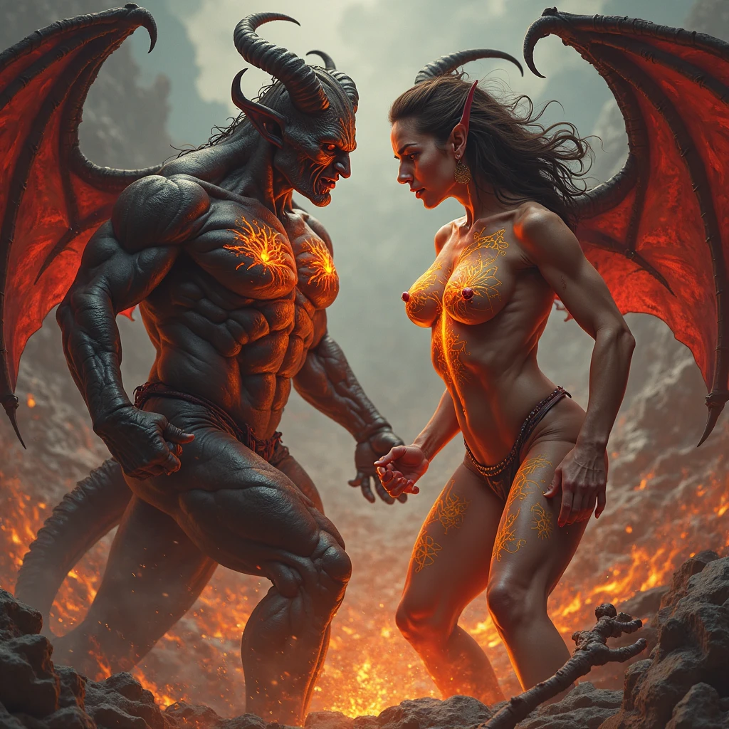 ((best quality)), ((masterpiece)), (detailed), demon girls fighting each other, monster girl, ((burning wings, wings on fire, flaming wings)), (scales, scale covered skin, scaled skin), black skin, midnight, full moon, battle, combat, fit toned body, brutal fight, angry looking, huge breasts, enterthematrix, <lora:fight:0.5>