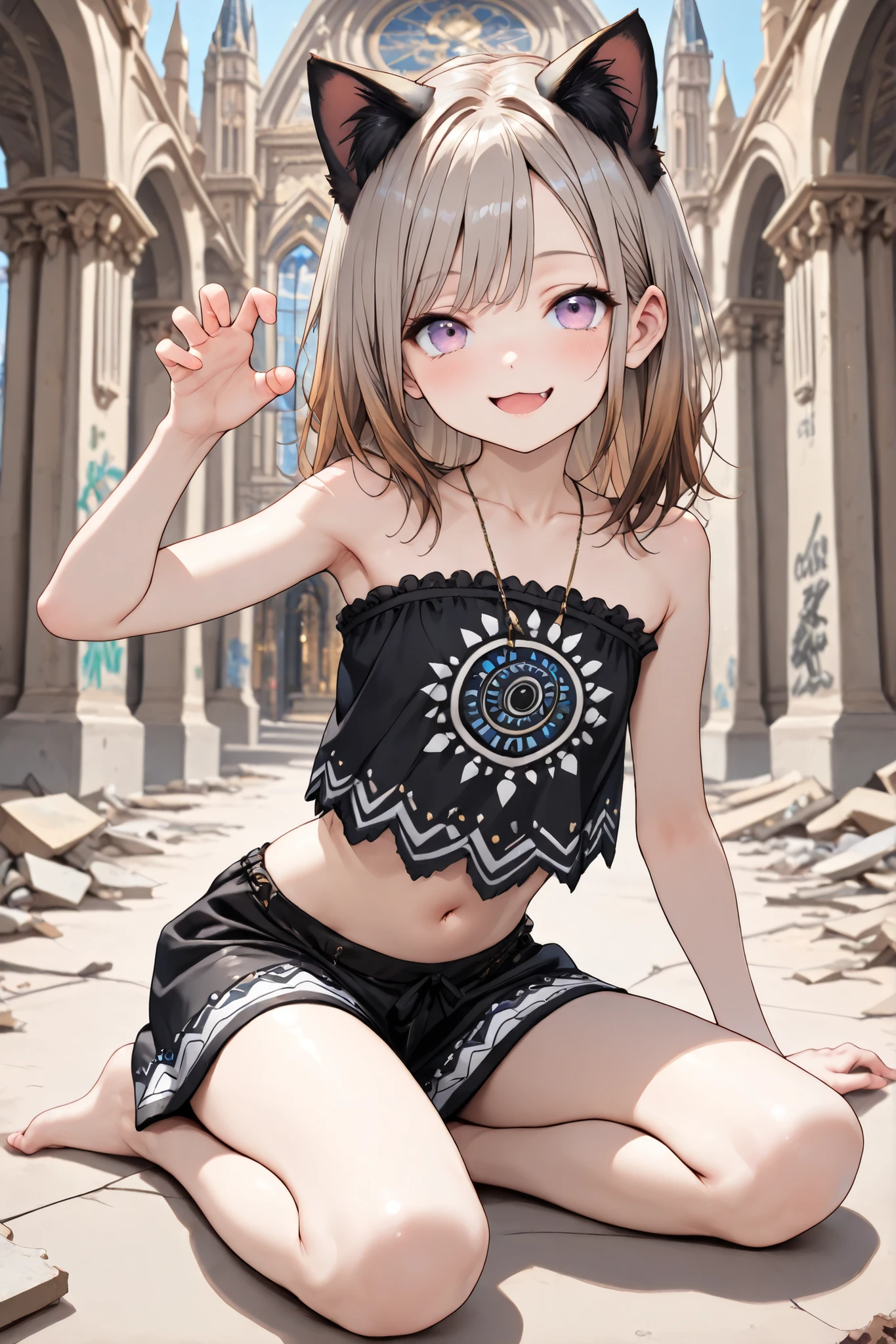 ((Masterpiece)), ((best quality, amazing quality)), (wide shot), ((very aesthetic, absurdres, newest)), ((detailed background, negative space, blurry background, depth of field)), (drop shadow), (8K), ((1girl)), (cute young girl), (Healthy body, Textured skin, small chest, tilt head), (full body), messy medium hair, Beautiful collarbone, ((Embroidered Tribal black tubetop, strapless, Fringes decoration)), bare arms, cute navel, (Tribal boxer shorts), (loose swept bangs), gradient hair, (naughty smile), open mouth, (pale purple eyes, gradient eyes, averting eyes, looking at side), (Cat ears), (Pale brown hair), Beautiful face, BREAK, (claw pose), (yokozuwari, kneeling on the majestic cathedral, indoor, graffiti roses, under the Opulent stained glass), outstretched leg, dust in the air,