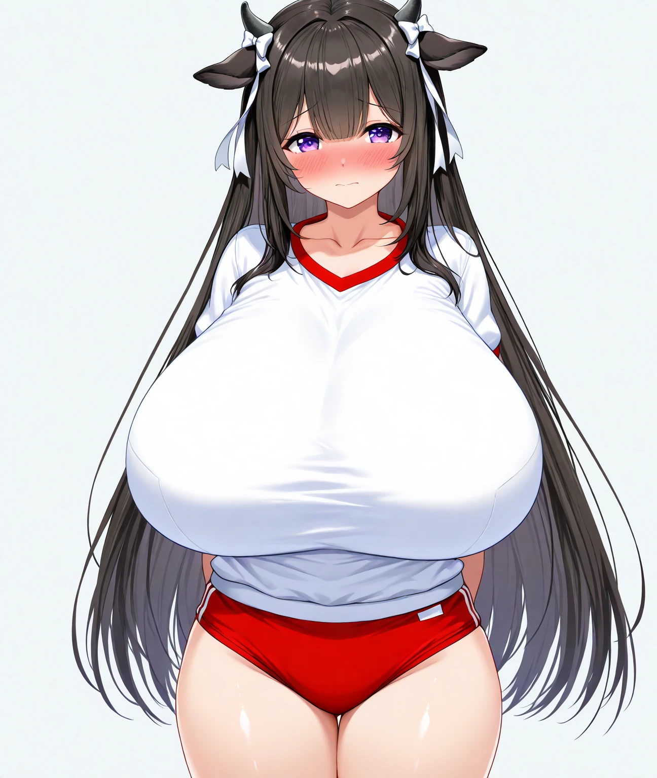 1girl, track jacket,<lora:HardZippingV1:1>,thighs, huge breasts, sweat,blush,  jacket tug, clothes tug, zipping,  <lora:KashinoV2:0.8>,cow horns, kashino,black_hair,