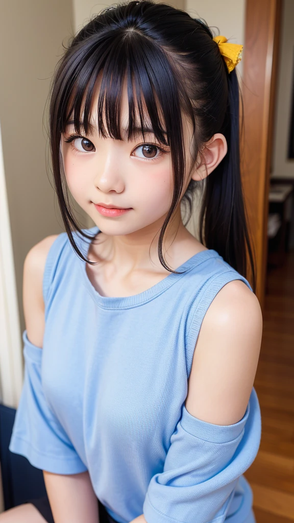 (((SFW:1.7)))、(Best Quality,Ultra-detailed,Illustration,colourfull,flat-colors,Bokeh,Lens Flare:1.2),lecture,Black hair,gaze at the audience,School Desk,crass room,Pleated mini-skirt,uniform,Seraphic, Detailed skin texture,Detailed fabric texture, Detailed beautiful face,Height 170cm, Weight of 35 kg, skinny body, Slim legs, Slim body, Slim arms, Slim neck, Cute face, 12 years old,sit on desk、Shooting from front、poor flat chest、Summer Uniforms、Wearing sweat、little smiling、((Natural smile)),Not wearing underwear、Sweat glitters on the inside of the thighs、toned thighs,No tie、((The jacket sticks to a white tank top))、 show through、((Frontal photography:1.5))