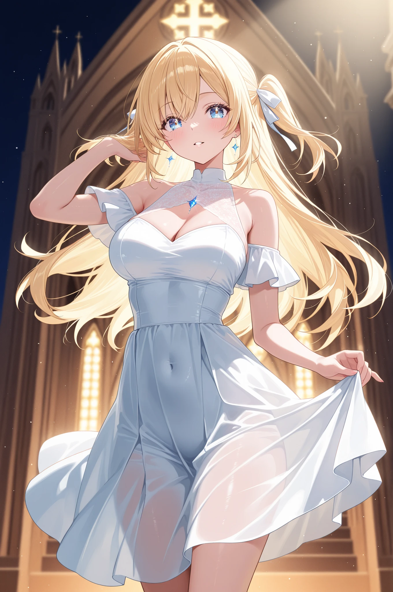 yellow hair, Blue Eyes, long hair, Adult Female , white dress, D cup