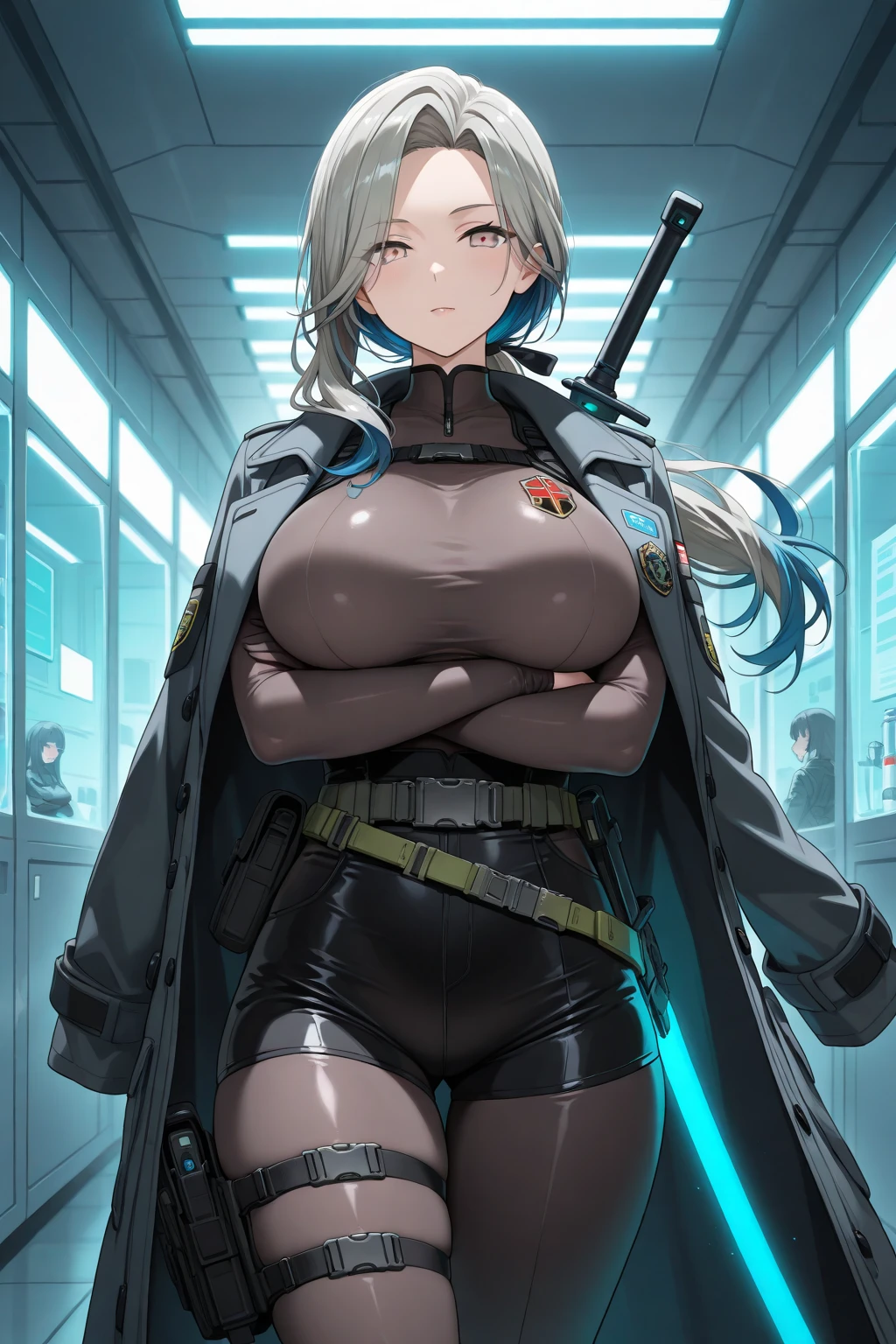 ((1 cyborg woman)),((big breasts, naked breasts, naked pussy, completely naked, blue clitoral piercing)),((standing, futuristic room)),((serious face)),((bare breasts , with lots of bubian hair, wearing a scientist's coat)),((short gray hair with Elastic, bright yellow eyes)),((facing the viewer)),[[[1 cyborg loli child, absent breasts sitting on a table with open legs]]],two different characters,