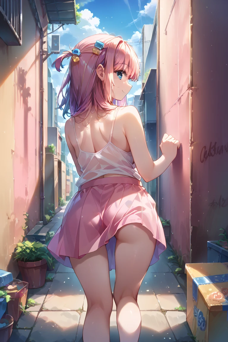 ((((ultra illustrated style:1.0)))),best quality,best animated,masterpiece,ray tracing, global illumination,virgin killer sweater,1girl, solo,looking back,back,from behind, standing, outdoors,full body,thighhighs,butt crack,high heels,