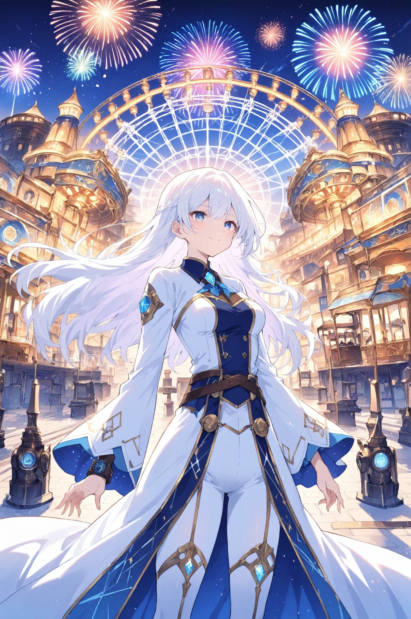 frozen_time_amusement_park_exploration_scene:
base: masterpiece, anime artwork, score_9_up, 1girl, 20yo Japanese woman, from an angle, upper body shot, detailed flat anime style
BREAK
hair: (pure white hair:1.3), straight long hair unaffected by temporal stasis, temporal immunity creating natural movement in frozen world
eyes: timeless silver eyes with clockwork freeze kaleidoscope patterns, temporal vision seeing through stopped time
expression: gentle peaceful smile with temporal solitude acceptance, serene beauty enjoying private moments in frozen carnival
BREAK
outfit: temporal explorer outfit with time-immune fabric technology, casual amusement park attire unaffected by time stop revealing modest cleavage, shorts with temporal stability features, stockings with time-flow resistance properties
BREAK
accessories: temporal navigation device showing time-stop duration, chronometer measuring temporal anomalies, time-immune communication equipment
BREAK
background: massive amusement park completely frozen in time with roller coasters stopped mid-loop and carnival rides suspended in impossible positions, visitors and staff trapped like statues in various poses of enjoyment and surprise, carousel horses frozen mid-gallop with children reaching for brass rings, Ferris wheel stopped at maximum height with passenger cars swaying motionless, game booths with prizes suspended in air after being thrown, food vendors with cotton candy and popcorn frozen in production, fireworks display stopped mid-explosion creating impossible aerial sculptures, maintenance workers frozen while repairing rides, ticket booths with cashiers stopped mid-transaction, carousel music boxes silent with mechanical components visible but motionless
BREAK
lighting: temporal stasis lighting with frozen firework illumination, time-stop atmosphere with suspended light particles, temporal exploration lighting emphasizing solitude and mystery