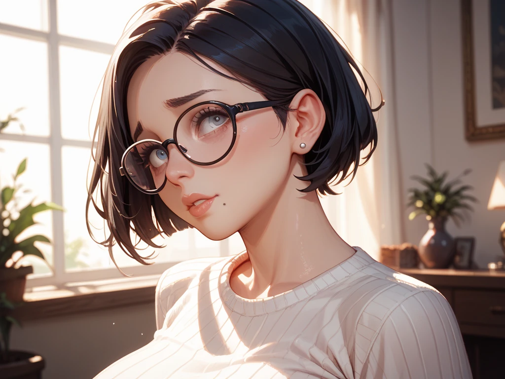 Hot sexy beautiful milf, black tight inner shirt,white sweater,, silver chandelier earrings,big breasts, lipstick,makeup, black,two falling hair strands,blush,short hair , glasses , purple eyes