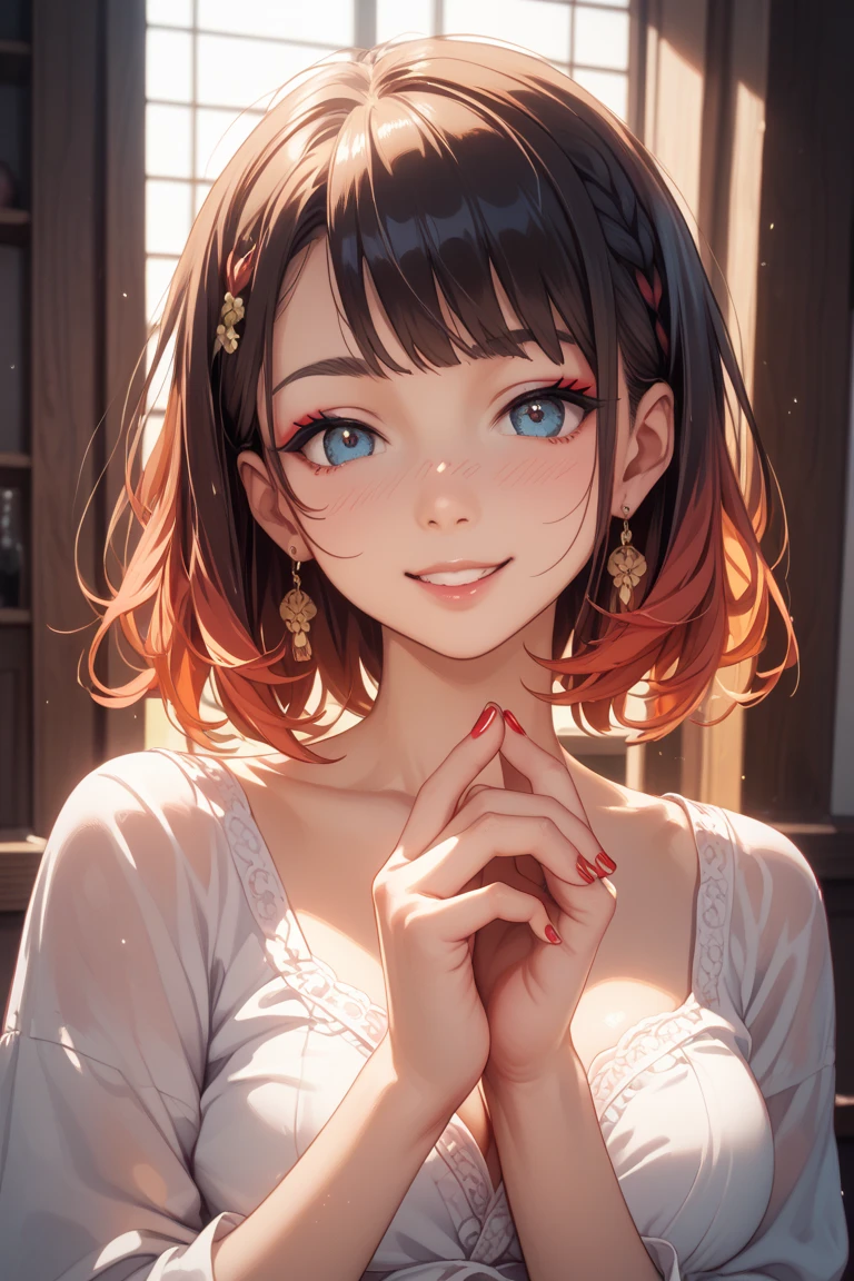 Masterpiece、最high quality、high quality、High definition、High resolution、High detail、Lens flare、Ray tracing method、high qualityの質感、high qualityの影、Beautiful details、Detailed and delicate、Detailed texture、Realistic facial expression、Realistic and colorful、Delicate、Cinematic Light、Side light、Sharp Focus、(1 woman:1.3)、(Intricate details、Makeup、Pure Eros Face_v1:0.5)、(Details Beautiful delicate face、Detailed beautiful delicate eyes、Perfect Facial Proportions、Detailed skin、Charm)、fancy hairstyles、Beautiful bangs、(Two-tone gradient hair color)、slender、(Upturned beautiful breasts)、Raise your arm and make a peace sign、Detailed crotch、Female juice、(Experiencing the best orgasm)、Light-colored V-cut、Light-colored thong、Thigh mini skirt、Low-rise mini skirt、Front-button short-sleeve shirt、Crop top、The wind blows and sways、 roll up、I can see your crotch