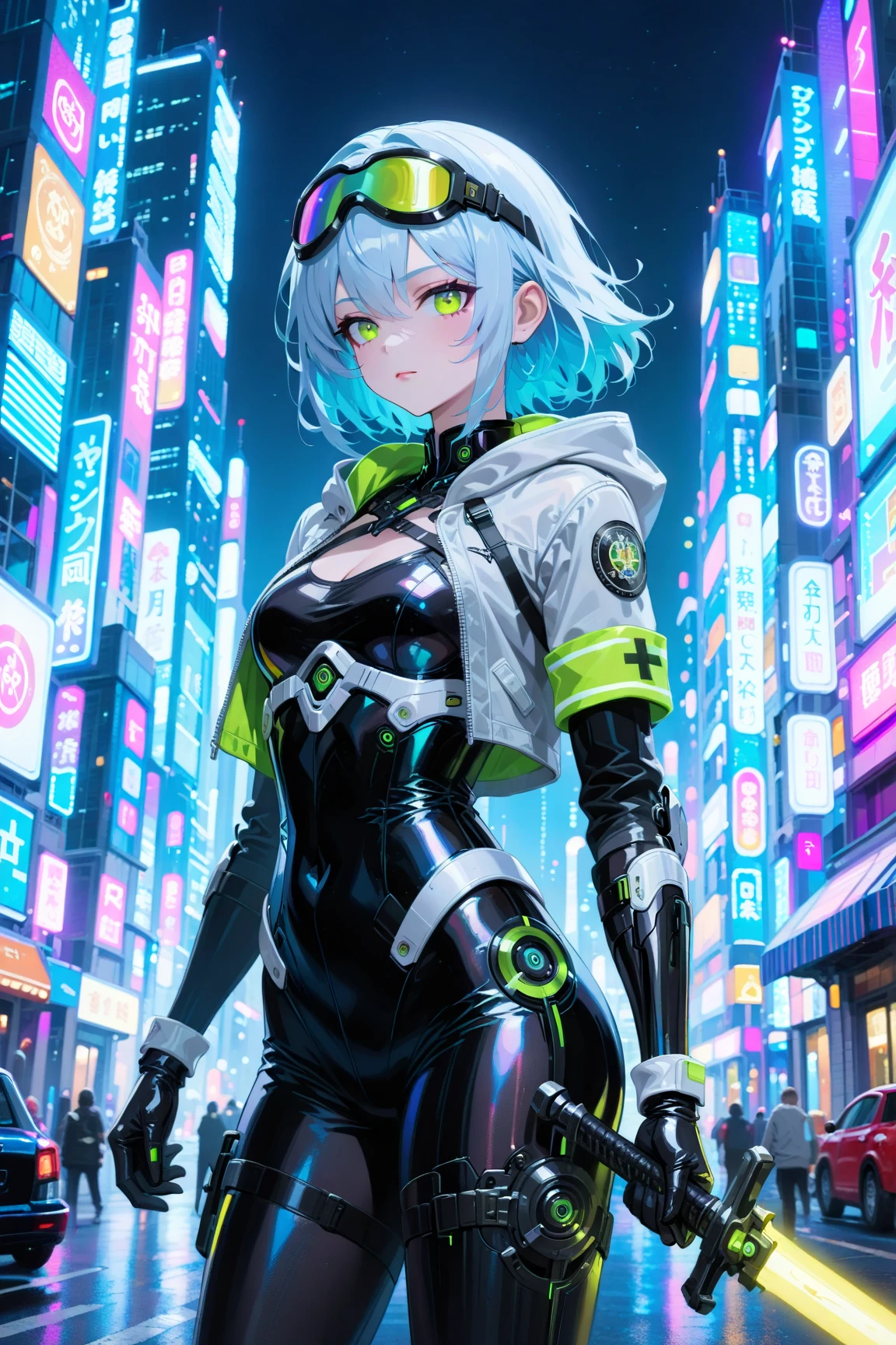 (masterpiece:1.2),
(solo:1.2),(walking:1.2),
(outstretched arms,balaning:1),
(happy face:1.2),(eyes closed:1),
(attractive,absurdres:1),
(cyberpunk,science fiction,neon,fluorescent:1.4),
(outdoor,cityscape,rain,puddle,sidewalk:1.2),
<lora:Plastic raincoat_V1.0:0.6>,
(orange plastic raincoat:1.6),(translucent material:1.3),(see-through:1.3),
(pale skin:1.2),
(wide hips:1),(fit,supermodel:1.4),
<lora:hipoly3DModelLora_v20:0.2>,
<lora:flat2:-0.5>,
<lora:lucy_(cyberpunk)_v10:0.7> lu1, cyborg, multicolored hair, makeup, black leotard, highleg leotard, thong, belt, shorts,(purple eyes:1.3),