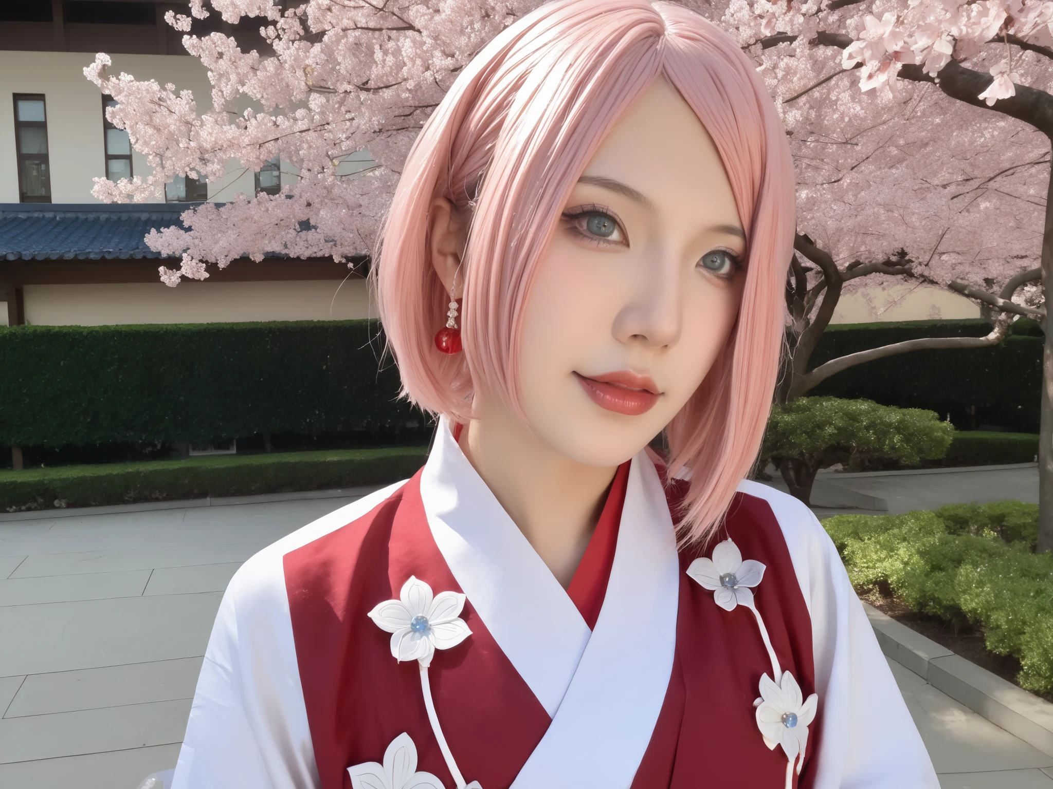 garota cosplayer,  cosplayer de Haruno Sakura - Naruto , seu grande seio nu, score_9, score_8_acima, score_7_acima, score_6_acima, score_5_acima, score_4_acima, fonte_real, tag1, etiqueta2, qualidade_mestra, Anatomically Correct, rosto bonito, face perfeita, Classification Beautiful and highly detailed face and eyes, rosto atraente, rosto detalhado, delicate facial features, Detailed skin, seios enormes, mulher sensual, mulher jovem, JK, Elegante, Se々maravilhoso, cadela, final, whore, Volacimatuous, sedutora, Haruno Sakura, cabelo rosa, cabelo curto, olhos verdes, marca na testa, faixa de cabelo, glamour, Straps of love , cheio de curvas, Gordo, envergonhado, shy, seductive high angle view, fully dressed, quimono, white and pink kimono,  kimono with cherry blossom pattern , She is in a hotel room,  pele real,textura da pele,detailed facial features, sardas,Ance