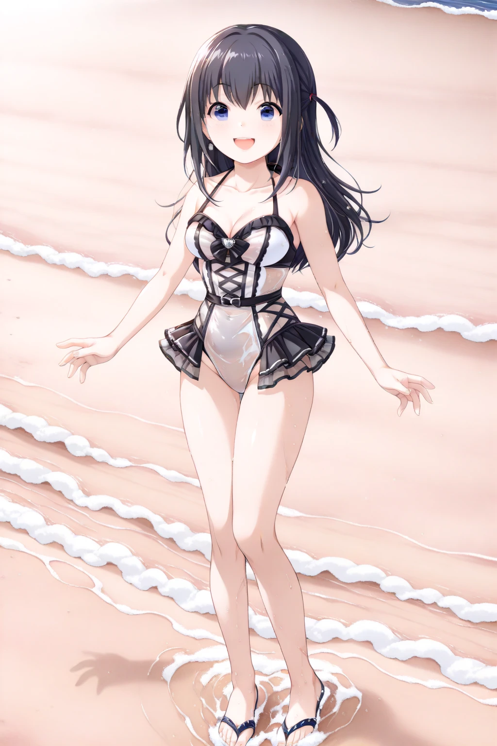 (HighestQuali),(Lingerie transparent,pantiess,shift dresses,Black lace,Harnes),((medium boob,Bright and clear eyes,shift dresses))beachside,Hawaiian scenery,water bloom,wetted skin,((Girl with black hair,long whitr hair,)),hason,ssmile