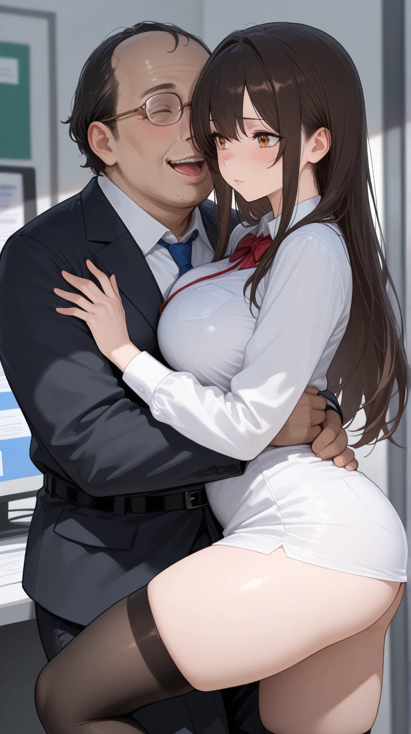 Black Hair,Large Breasts,Cleavage,Jacket, White shirt, belt, uniform, Blue Skirt, army, formal, blue Jacket,Pencil Skirt,Fishnet tights,Purple intricate lace and lingerie,Penetration Sex,Creampie Sex,