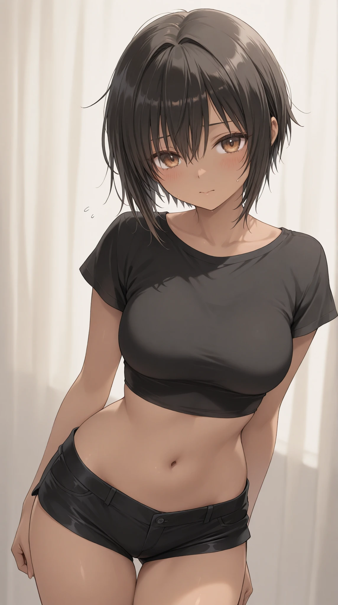 Solo, Boxer, Top quality, Masterpiece, Highly detailed CG, Highly detailed 8K wallpaper, Bird's eye view, Highly detailed character, Back facing, Back style, Blush, (Very delicate and beautiful portrait), Medium bust , after shower, wet skin, bath towel wrapped, spine, short hair, mesh, dragon tattoo on back, portrait, solo, clear focus, (((side shaved hair))), dark skinned tomboy daughter, navel piercing, tattoos under eyes, black hair with white mesh, short hair, yellow eyes, detailed close-up portrait, shower room, detailed background