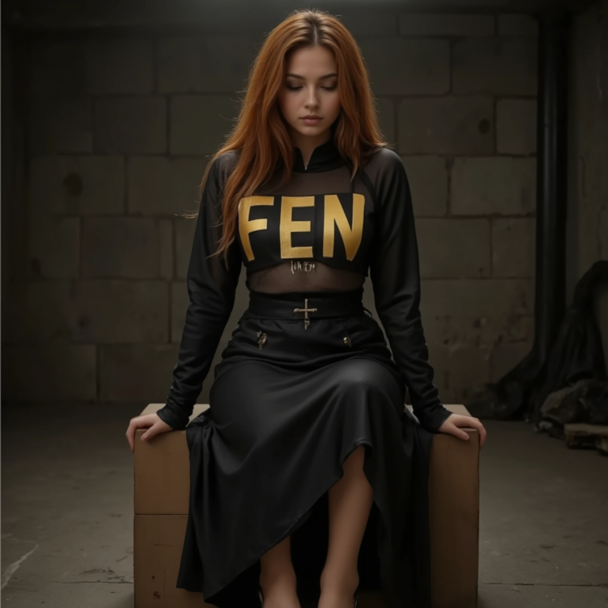 Sura is sitting on a teak box, in a dimly-lit photostudio. Model is wearing a black outfit, consisting of a skirt and a top. The skirt is a heavy midi-length garment, featuring an asymmetrical lower hemline. There is a small patch at the hip, which is embroidered with a small silver crown and the wordmark "192.168.NO.1". The opaque top is a made of a fine mesh, also black. The long-sleeved top is worn over a black bra. The top has prominent oversized golden lettering, printed slightly off-centre. The lettering reads FEN in a bold, sans-serif font. (Implied, the lettering in full reads FENDI, but the last letters wrap around the back, out-of-sight). The outfit has some fetish inspiration with zipped seams and irregular hems. Model is sitting on her hands - a submissive cute pose with her hands under her legs. She is looking/facing downwards (head lowered) so her face is obscured by her long ginger hair. Her feet are turned towards each other and her legs are together. Model is a latina, with tanned skin. The grunge backdrop is rough industrial breezeblocks. Overall this editorial fashion photo is highlighting the gold lettering on the top by the dim surroundings and the model's low key pose