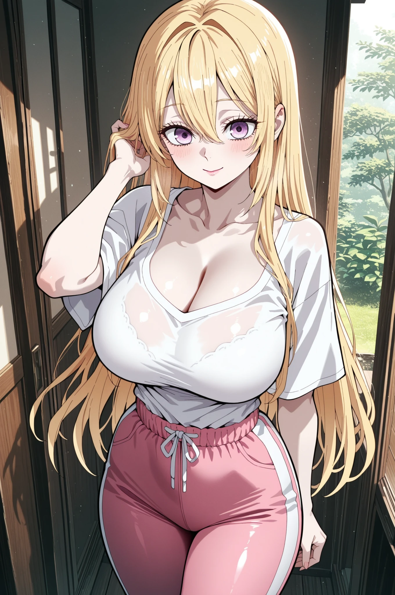 Anime girl, large breasts, cleavage, white oversized T-shirt off one shoulder