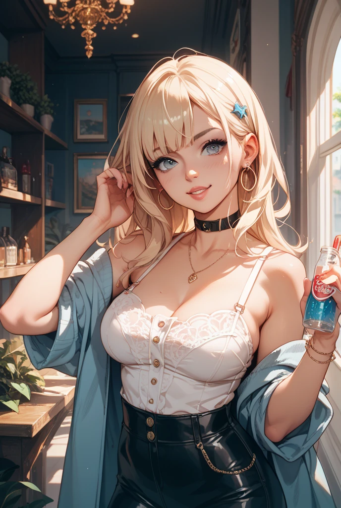 (best quality,4K,8k,high resolution,masterpiece:1.2),super detailed,(actual,realistically,realistically:1.37), Ultra high definition face, Woman in medium sized skirt with slit posing for photo, (black large t-shirt:1.5), ((glossy lip)), attractive girl, (beer girl:1.2), jaw-dropping beauty, large breasts, (cleavage of the breast:1.6), Thin waist and thick hips, hourglass figure, rosy cheeks, (((beautiful blonde hair with pink mesh))), ((pink mesh hair))Alluring with a smile, Bokeh, Dynamic Angle, (((Leaning forward:1.2))), close arms, Close-up face:1.5, whole body, From below:1.2, (Correct Anatomy:1.6, Ideal body proportions, The right move:1.5, Small hands), in the
photography studio, ((taking beer glass))
