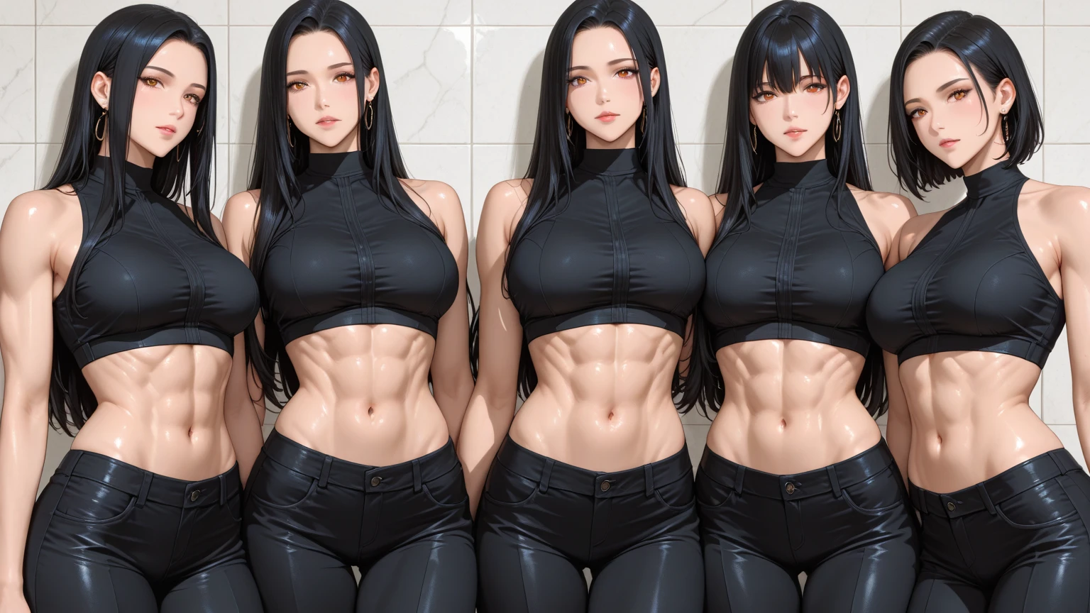 (tmasterpiece), (best qualtiy), 8K分辨率, ultra - detailed, photorealestic, photore, femele, with short white hair,Eight-pack abs,Expose abs,(body builder:1.3),Toned legs,Toned arms,3DMM style,Green super sexy super high fork super deep V three-point one-piece swimsuit,The thighs appear in the picture,Body facing the camera,arms stretched wide,She has huge, full breasts,Incredibly large and firm breasts,Two women,Light shines from the front