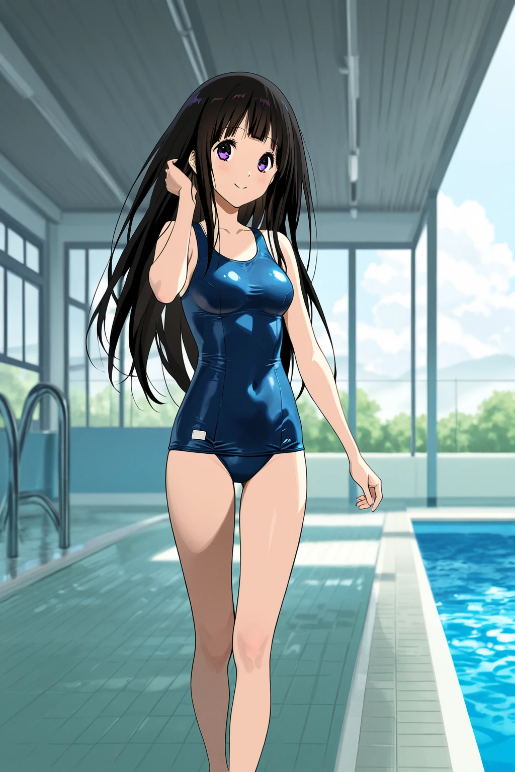 best quality, very aesthetic, Super detailed, best illustration, 1girl, おっぱい, black_hair, nsfw, pussy focus, aroused, ?????, one-piece swimsuit