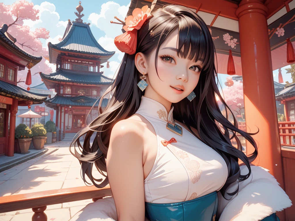 High resolution, 1 female, hip up, beautiful eyes, Ring-shaped eyes, jewelry, tattoo, Hanfu, chinese fairy, taoist uniform、cleavage、smile、3D rendering